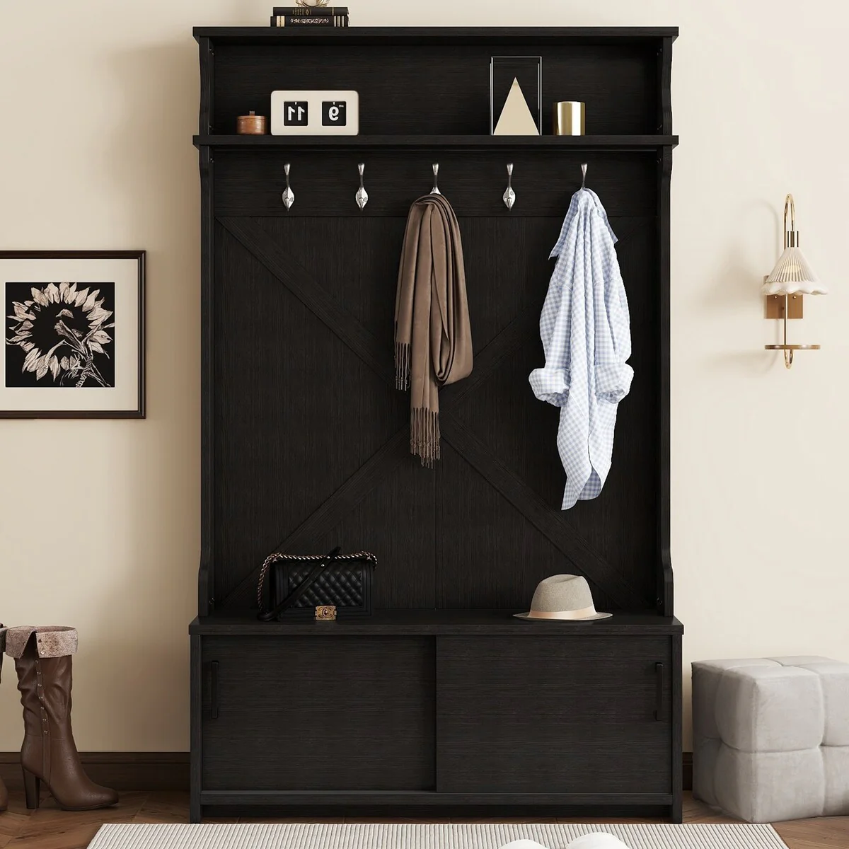 47.2W Hall Tree Entryway Bench with Coat Rack with 5 Hanging Hooks and Shoe Cabinet