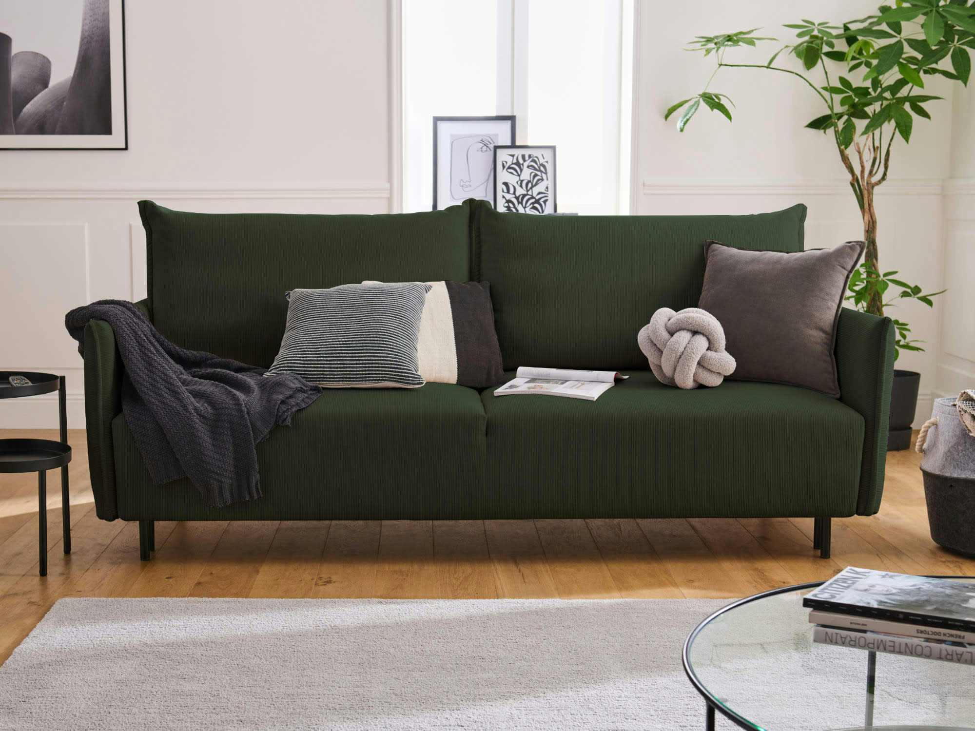 VALENTINA - Canapé droit convertible 3 places en velours côtelé vert