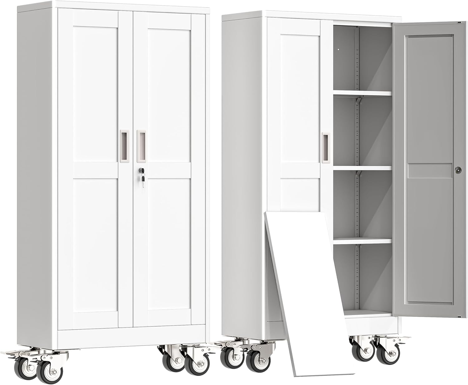 erosoei 61 H Metal Garage Storage Cabinet, Rolling Tool Cabinet with 2 Doors and Wheels, Locker Steel Cabinet with 3 Adjustable Shelves, Organization Cabinet for Garage,Office,Home,Gym,School（White）
