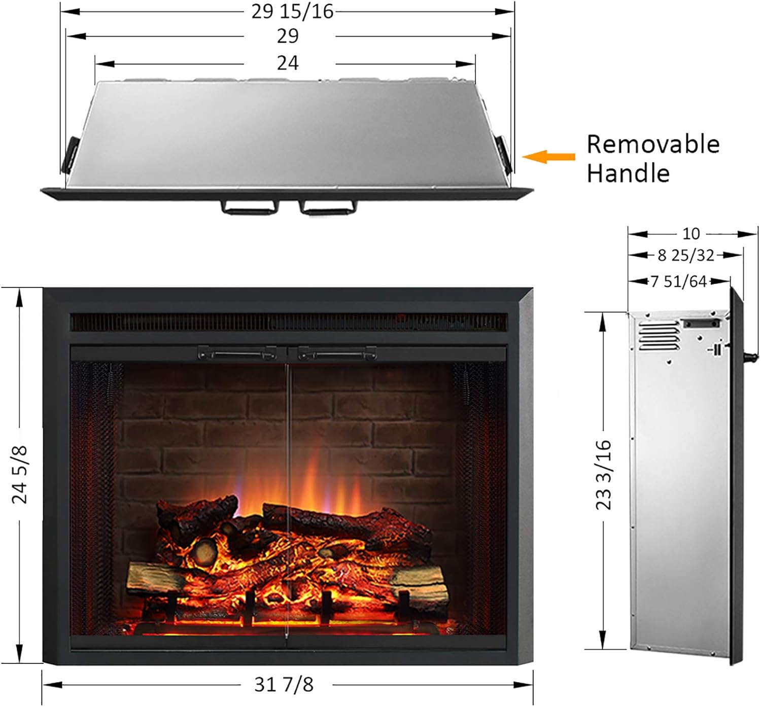 PuraFlame Klaus Electric Fireplace Insert with Fire Crackling Sound, Glass Door and Mesh Screen, 750/1500W, Black, 29 15/16 Inches Wide, 23 3/16 Inches High