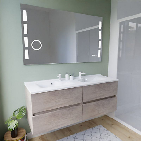 Meuble double vasque 140 cm ROSALY INOX   miroir LED Excell Plus- Bois