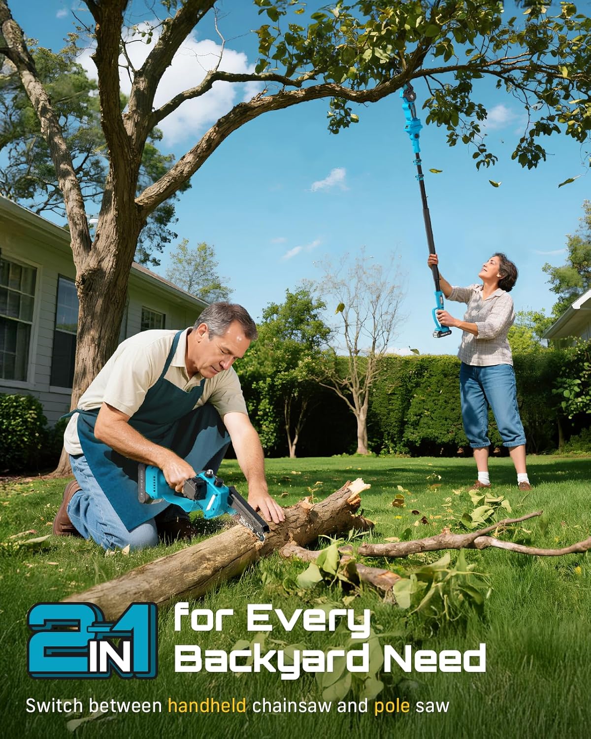 SEESII 2-in-1 Electric Pole Saws for Tree Trimming, 6 Inch Mini Chainsaw Cordless with Extension Pole, Battery Powered Pole Chain Saw, Tree Trimmer Limb Branch Cutter Pruner with 2 Battery PS600