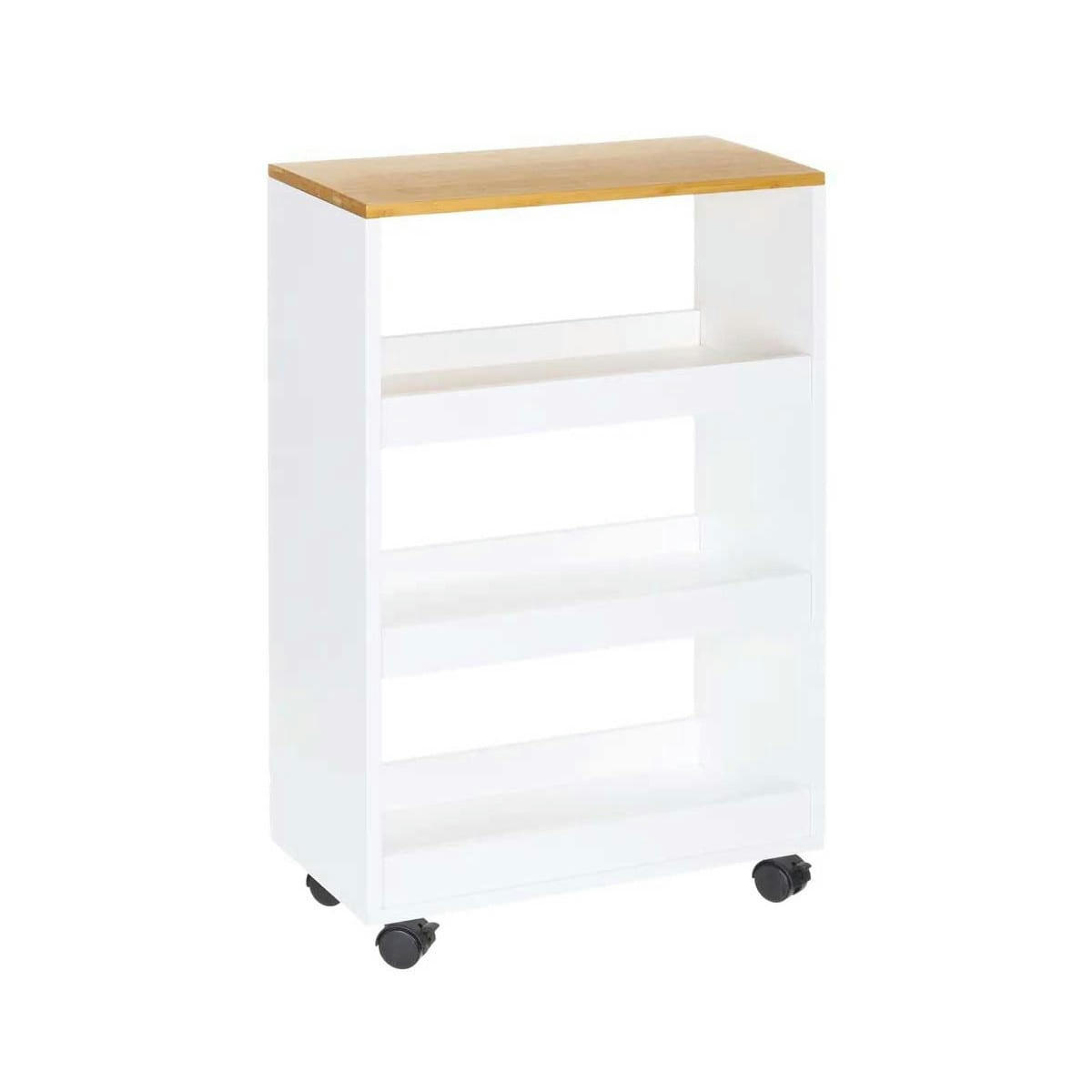 BOIS - Desserte de cuisine sur roulettes blanc et bois