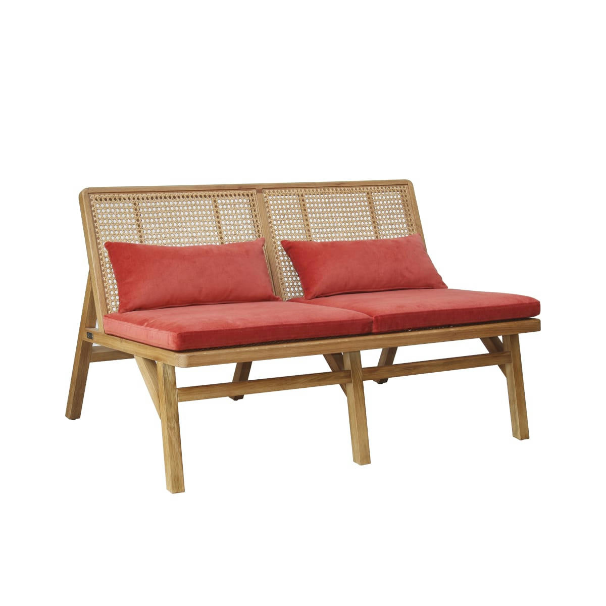 BO PARIS - Banquette en chêne, cannage & velours 2 places brique