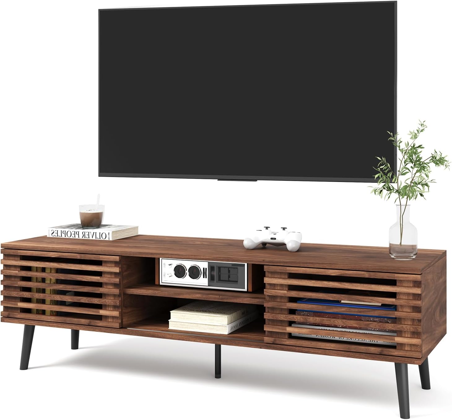 HAIOOU Mid Century Modern TV Stand, 52 Wooden TV Console with Slatted Sliding Doors and Storage for 50/55/60 Inch TV, Small Entertainment Center Media Console Cabinet for Living Room - Walnut Brown
