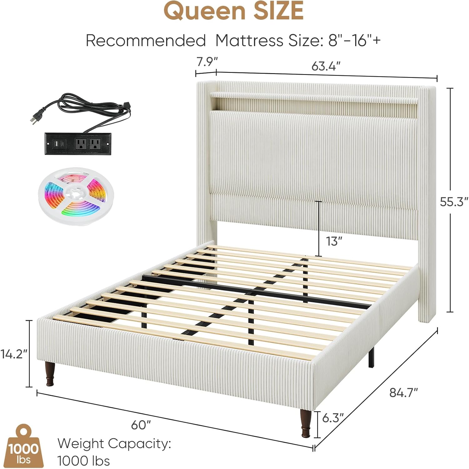 Queen Bed Frame with Tall Headboard, 55.3 Upholstered Platform Queen Size Bed Frame, Elegant Corduroy Wingback Bed with LED Lights & Charging Station, No Box Spring Needed, Solid Wood Slats, Cream
