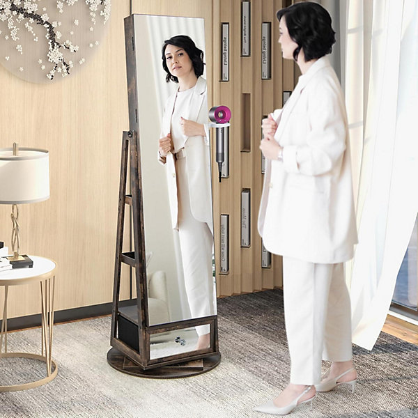 Armoire à Bijoux sur Pied Pivotante à 360 degrés-Lumière LED-Support pour Sèche-Cheveux-Miroir Pleine Longueur Marron
