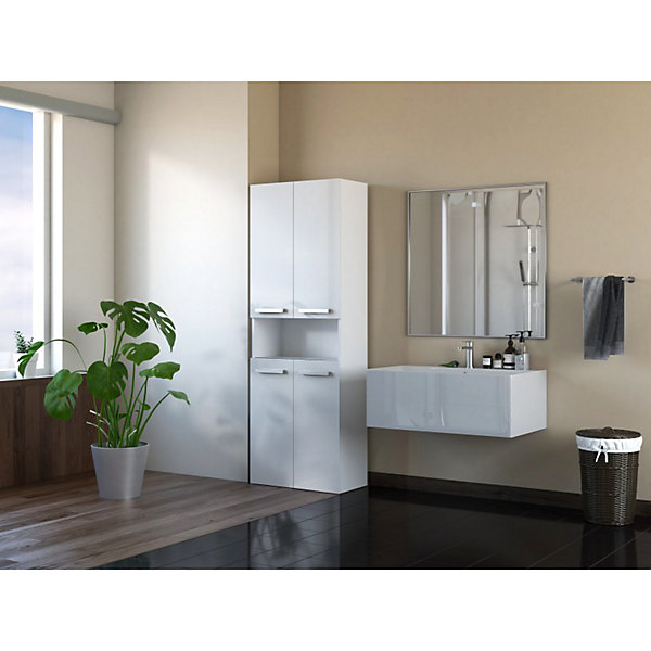 MOBY - Armoire de salle de bain - 2 paniers, poignées minimalistes - 174x60x30 cm - BLANC BRILLANT
