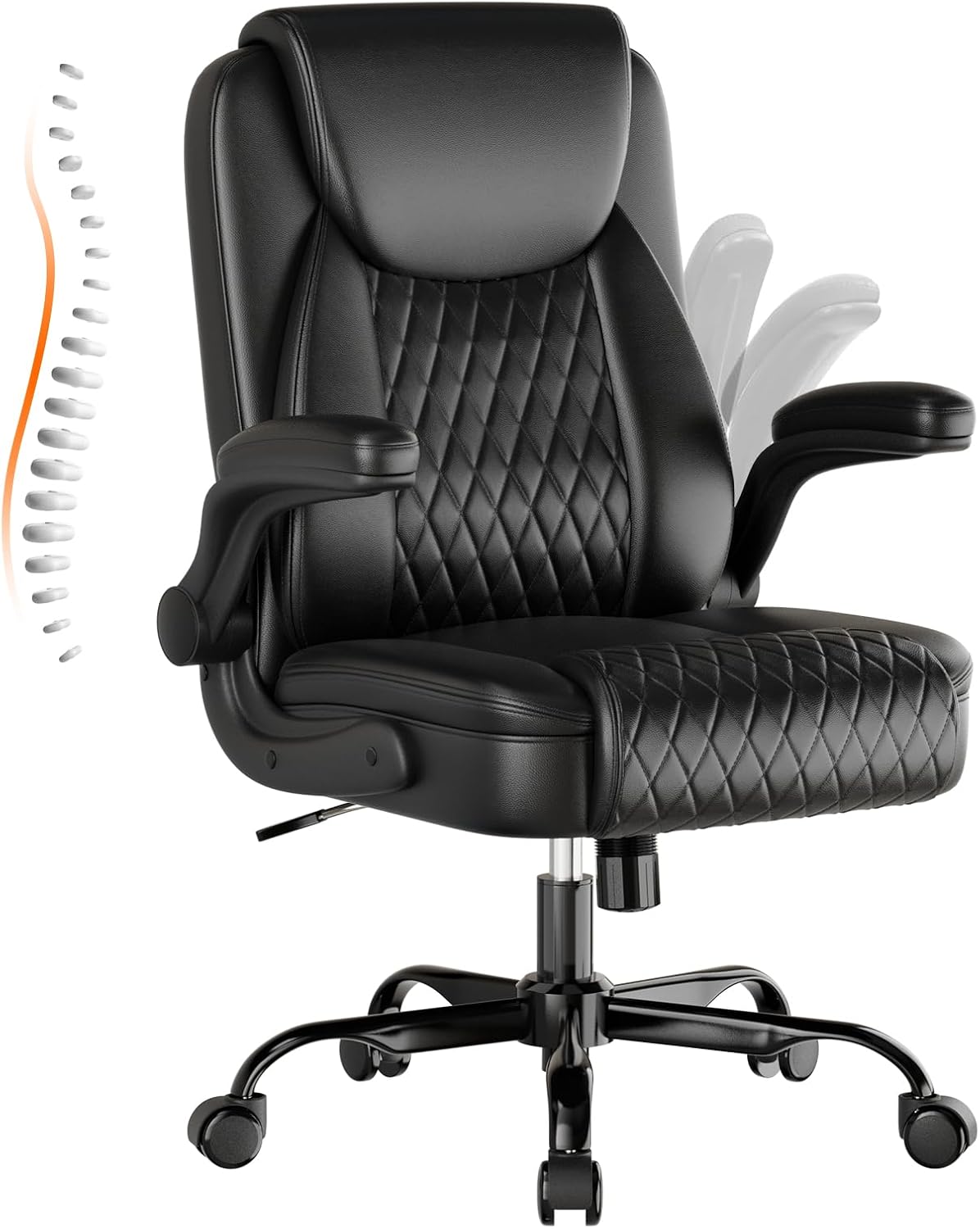 GTPLAYER Leather Office Chair, Home Desk Chair with Flip-up Arms and Ergonomic Back - Comfy Heavy Duty Executive Chair for Home Office Gaming, Black