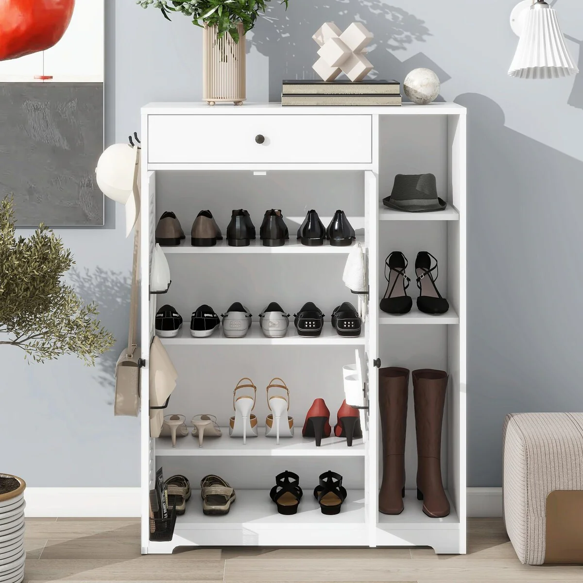 Freestanding Shoe Rack Organizer with 2 Shutter Doors and Adjustable Storage Shelf