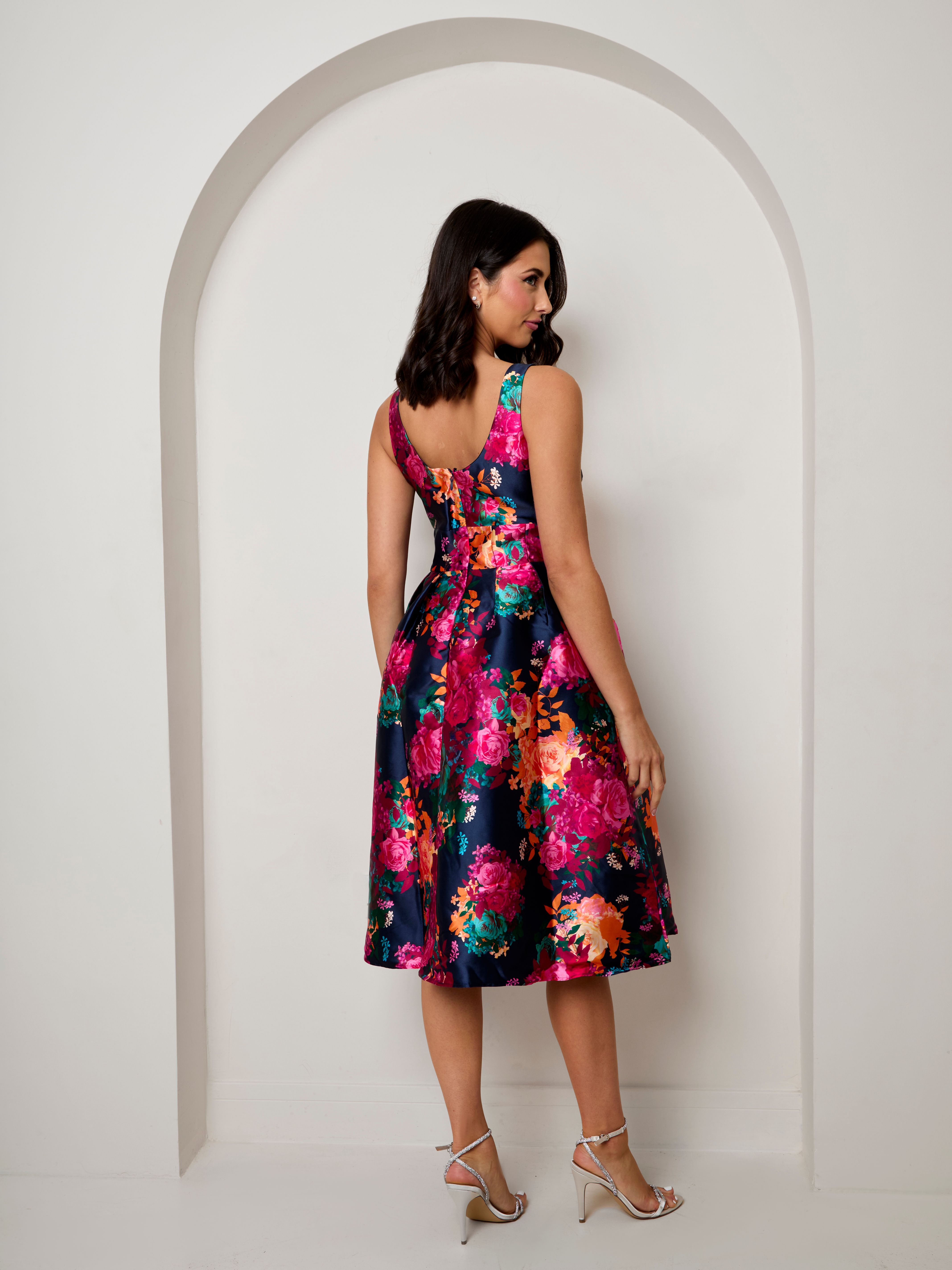 Chi Chi London Sleeveless Floral Fit and Flare Midi Dress in Navy