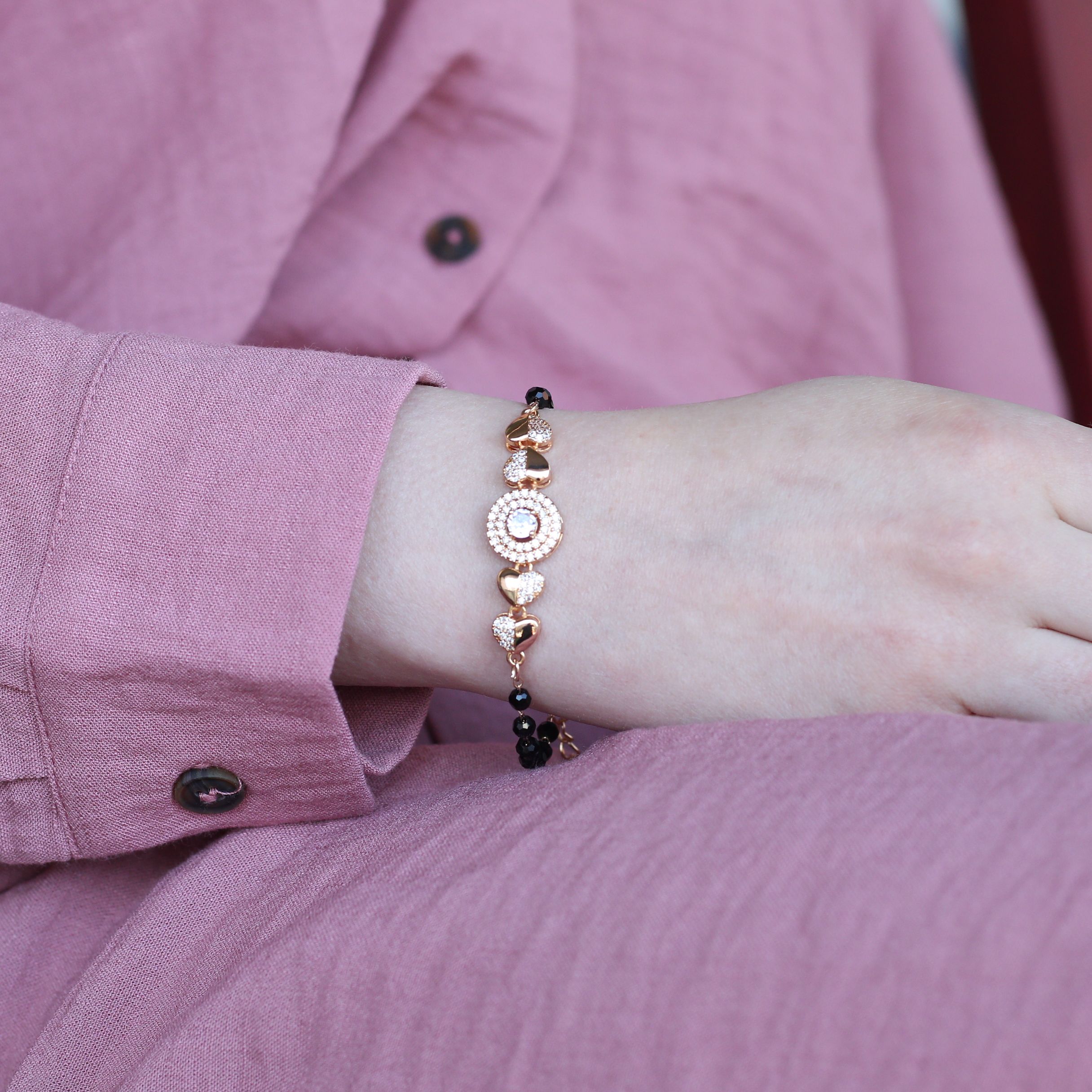 The Colourful Aura Large Zircon Heart Charm beaded adjustable Bracelet