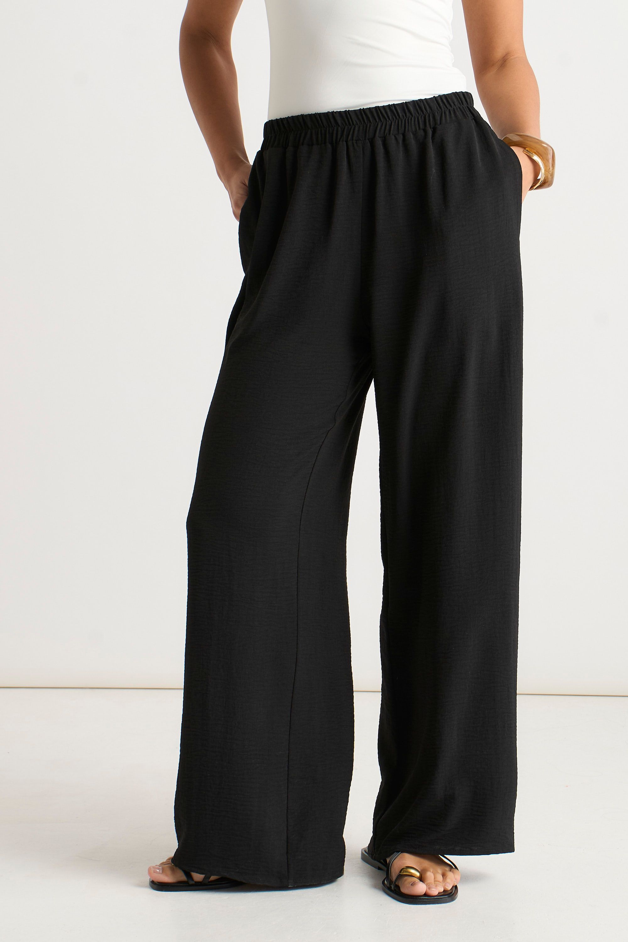 Gini London Black Elastic Waist Wide Leg Trousers