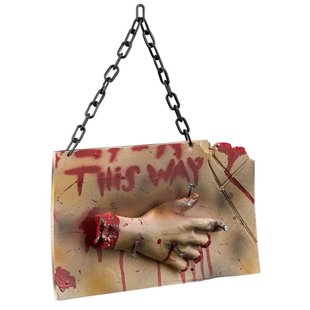 Panneau à suspendre Halloween This way main coupée ensanglantée