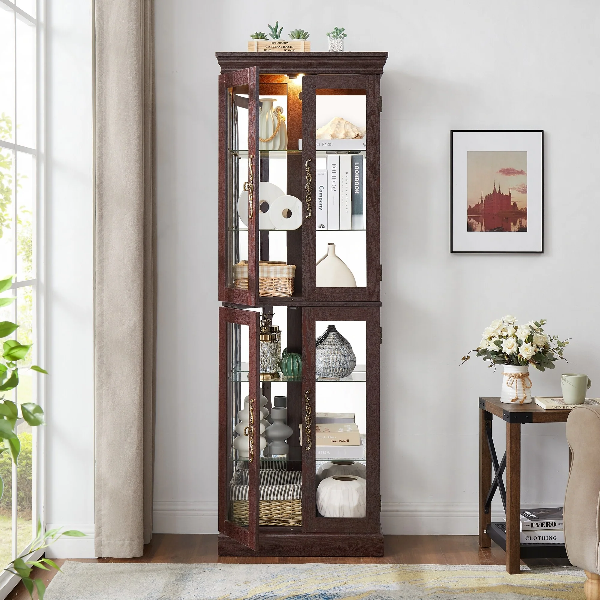 Lighted Glass Curio Display Cabinet,Cherry