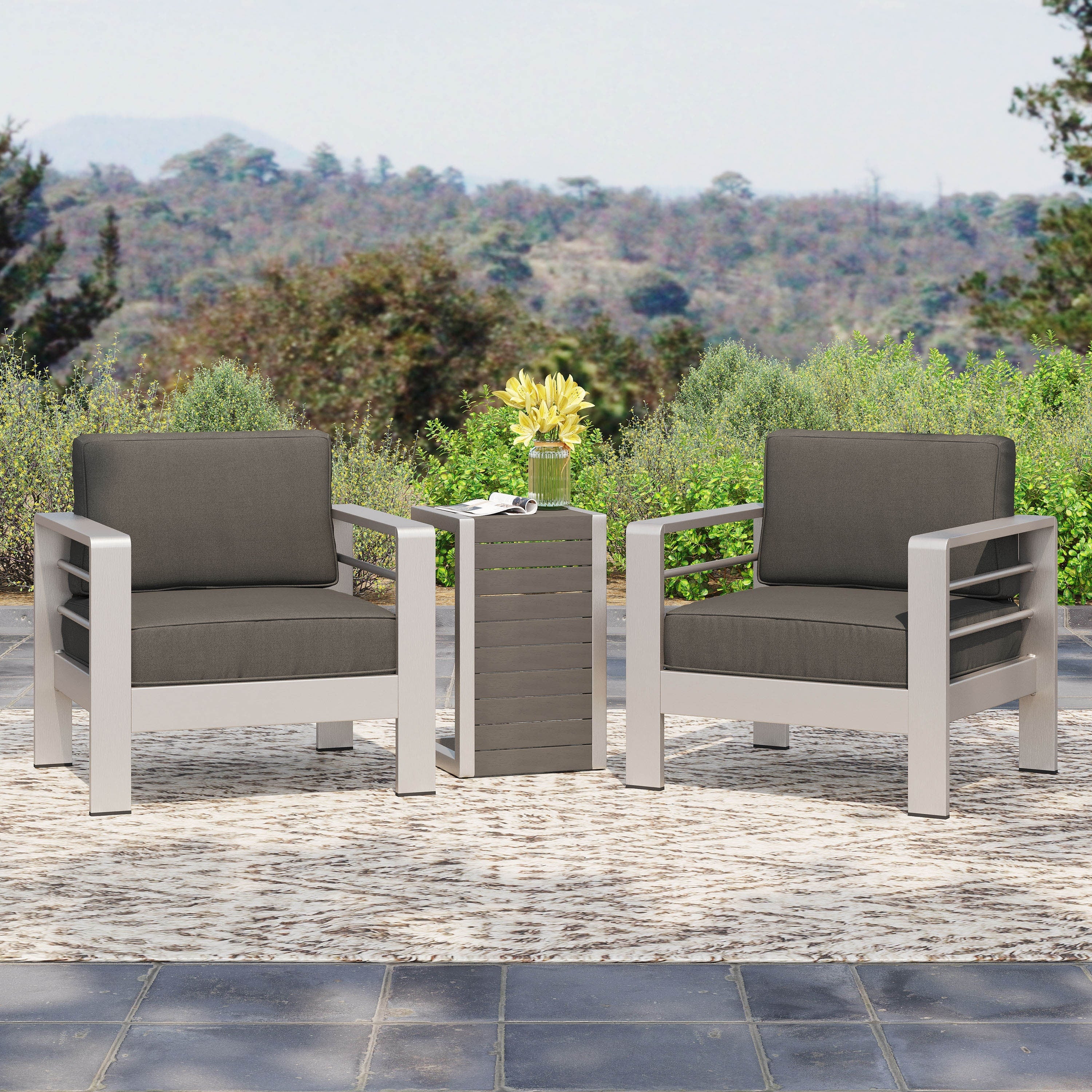 Cape Coral Outdoor Aluminum 3 Piece Chat Set with C Shaped Table by Christopher Knight Home