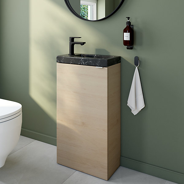 Meuble lave-mains effet chêne l.44 cm Imandra   plan vasque effet marbre noir, GoodHome