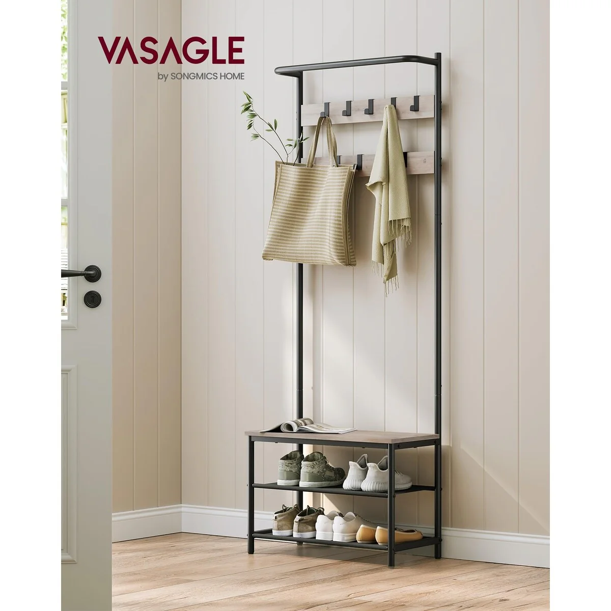 Hall Tree with Bench & Shoe Storage, Entryway Bench with Coat Rack Stand and Shoe Rack, 9 Movable Hooks, Top Bar, Fabric Shelves