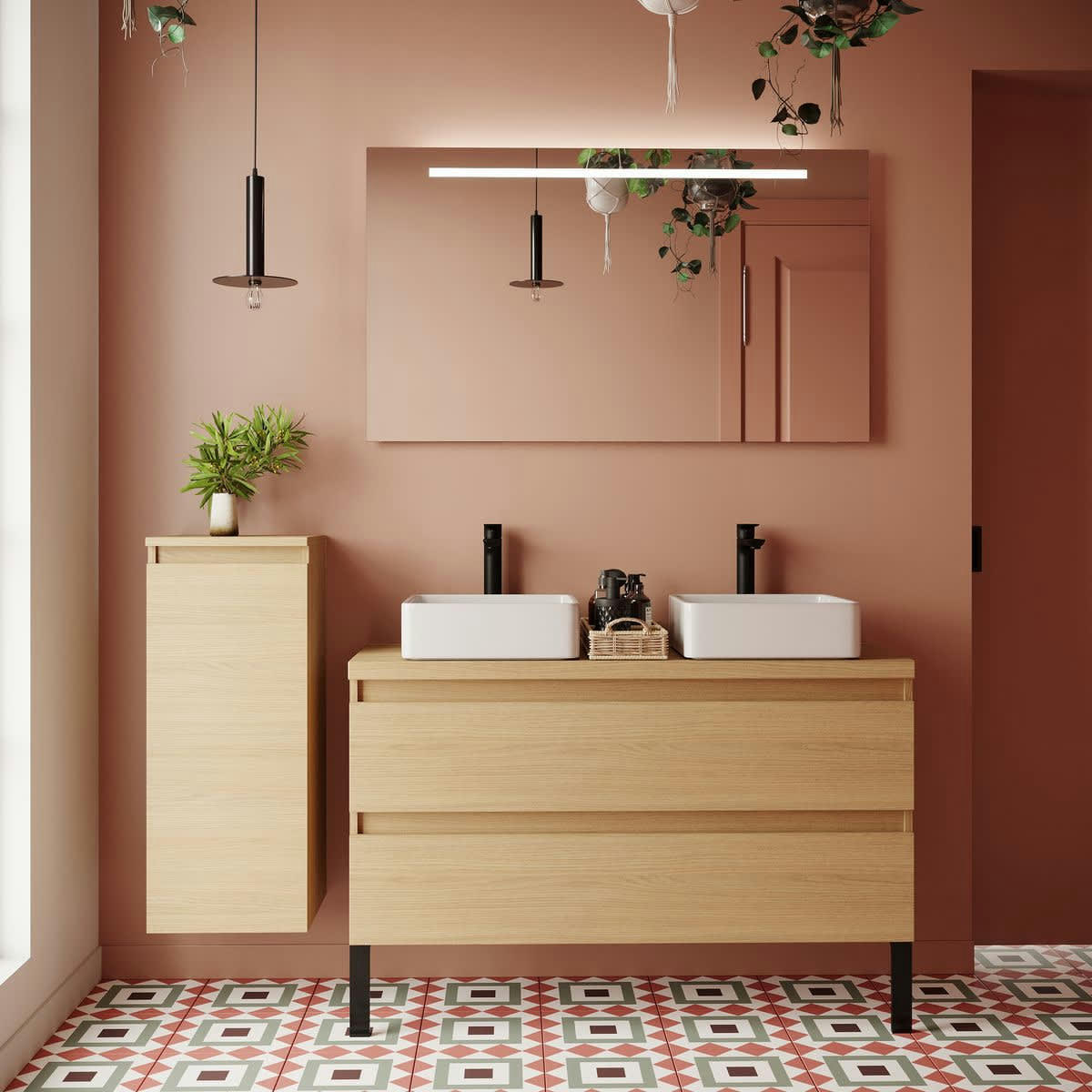 HUDSON - Meuble salle de bain 2 vasques posées 120cm 2 tiroirs Chêne