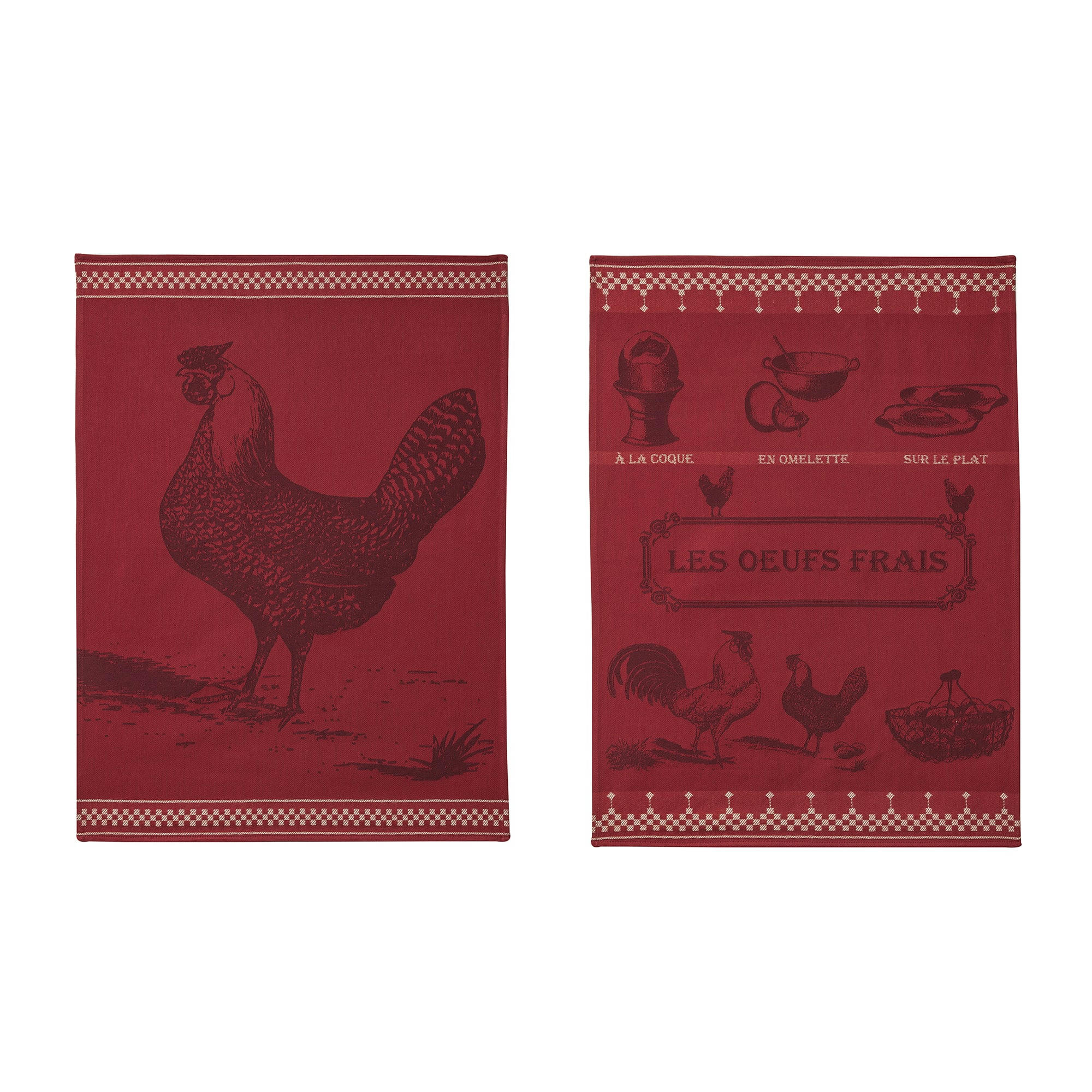 LA POULE - Lot de 2 torchons jacquard pur coton rouge 50 x 75