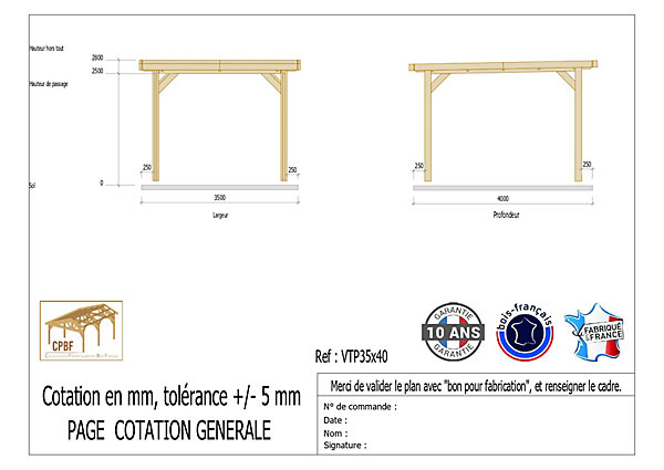 Carport toit plat, 350cmx400cm, bois DOUGLAS Français(Charpente en bois-auvent-abri voiture) 14 m². Garantie 10 ans