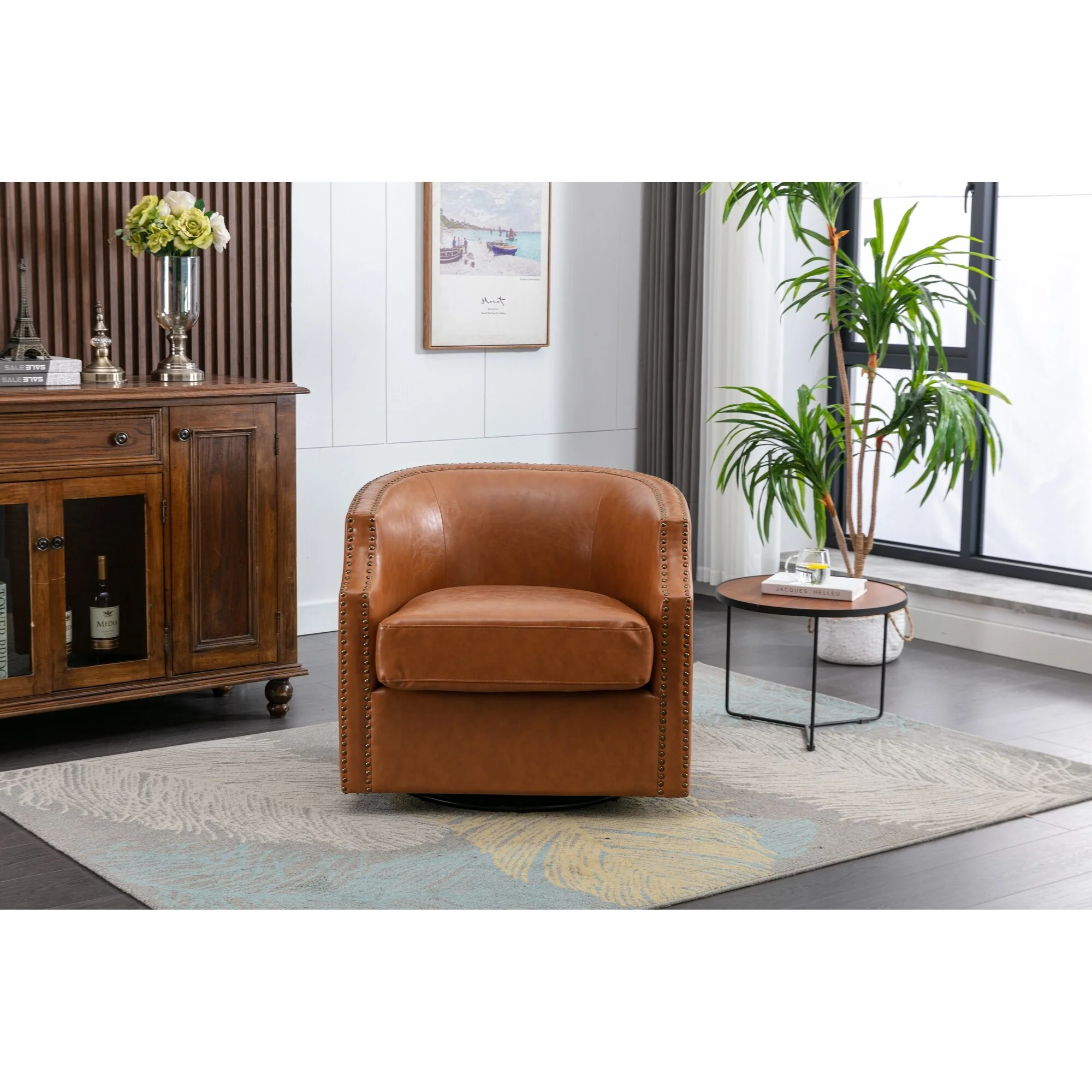 MOONMISS Linen/PU Upholstered 360°Degree Swivel Rivet Barrel Chair for Living Room