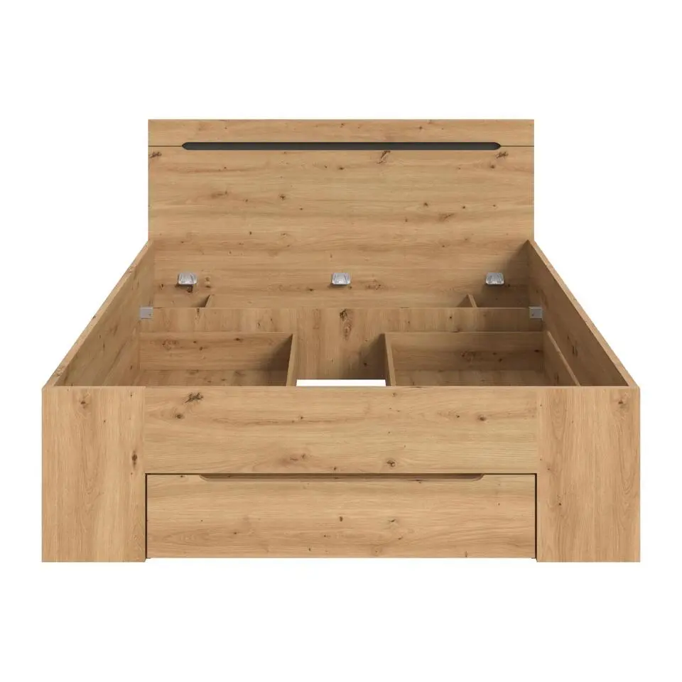 Hioshop Canu bed 140x200cm 3 laden grijs- eik decor