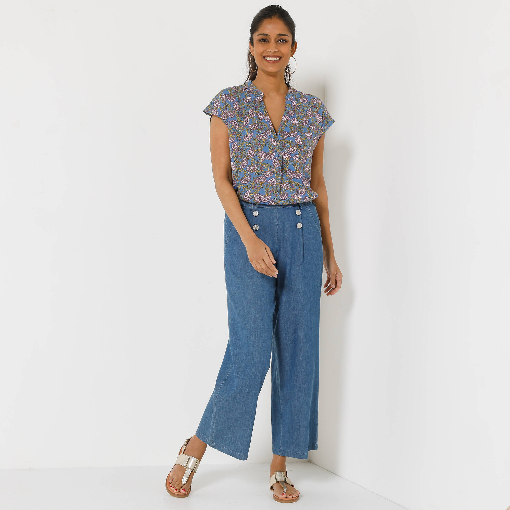 Blouse col tunisien sans manches, crépon