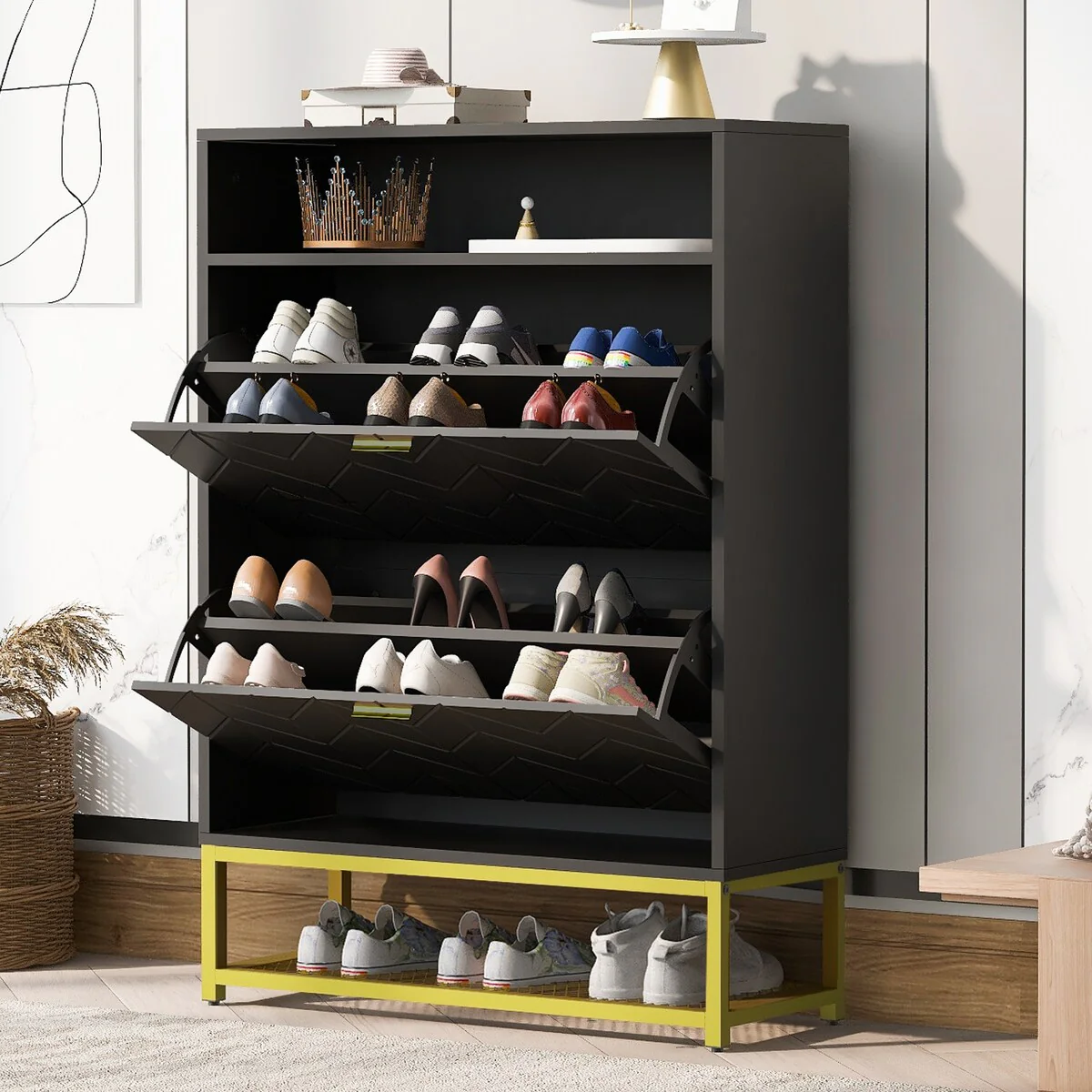 Shoe Cabinet with 2 Flip Drawers, and 2 Shelves, Free Standing Shoe Rack for Heels, Boots, Slippers,for Hallway, Living Room
