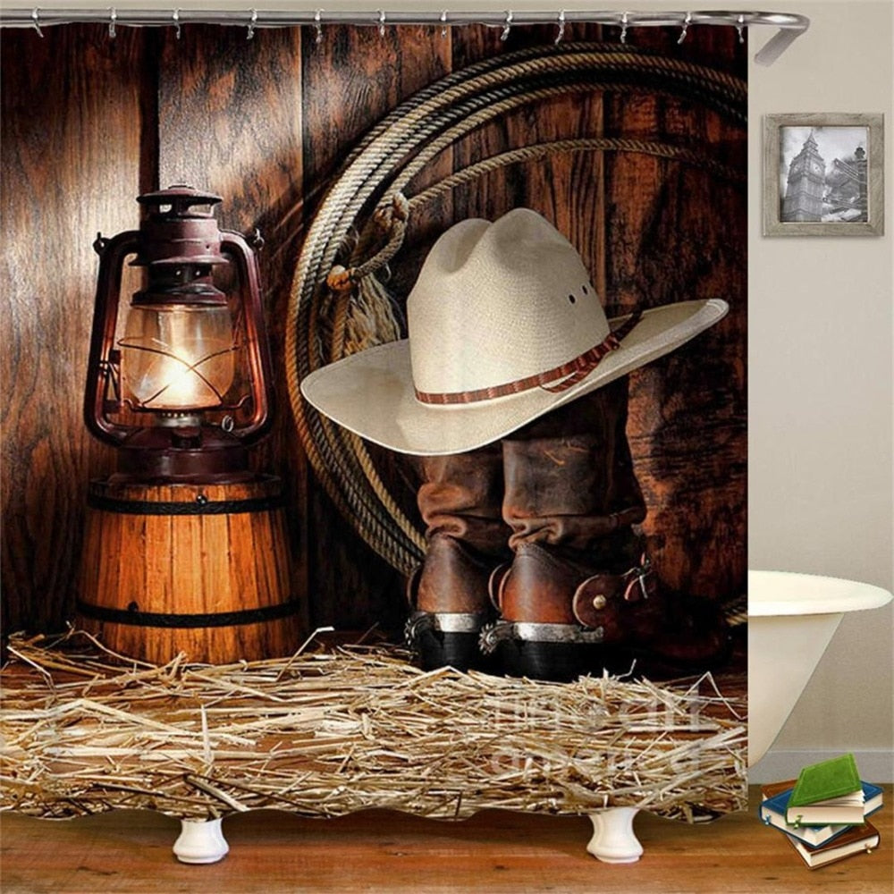 Vintage Western Shower Curtain Art of Cowboy Riding Horse Towards Sunset High Quality Waterproof Curtain For bathroom-1 with Hooks