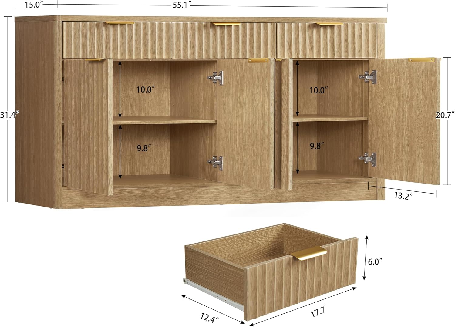 usikey Large Buffet Cabinet with Storage & Drawers, Sideboard Cabinet with 2 Adjustable Shelves & 4 Doors, Coffee Bar Station, Kitchen Storage Cabinets, Natural