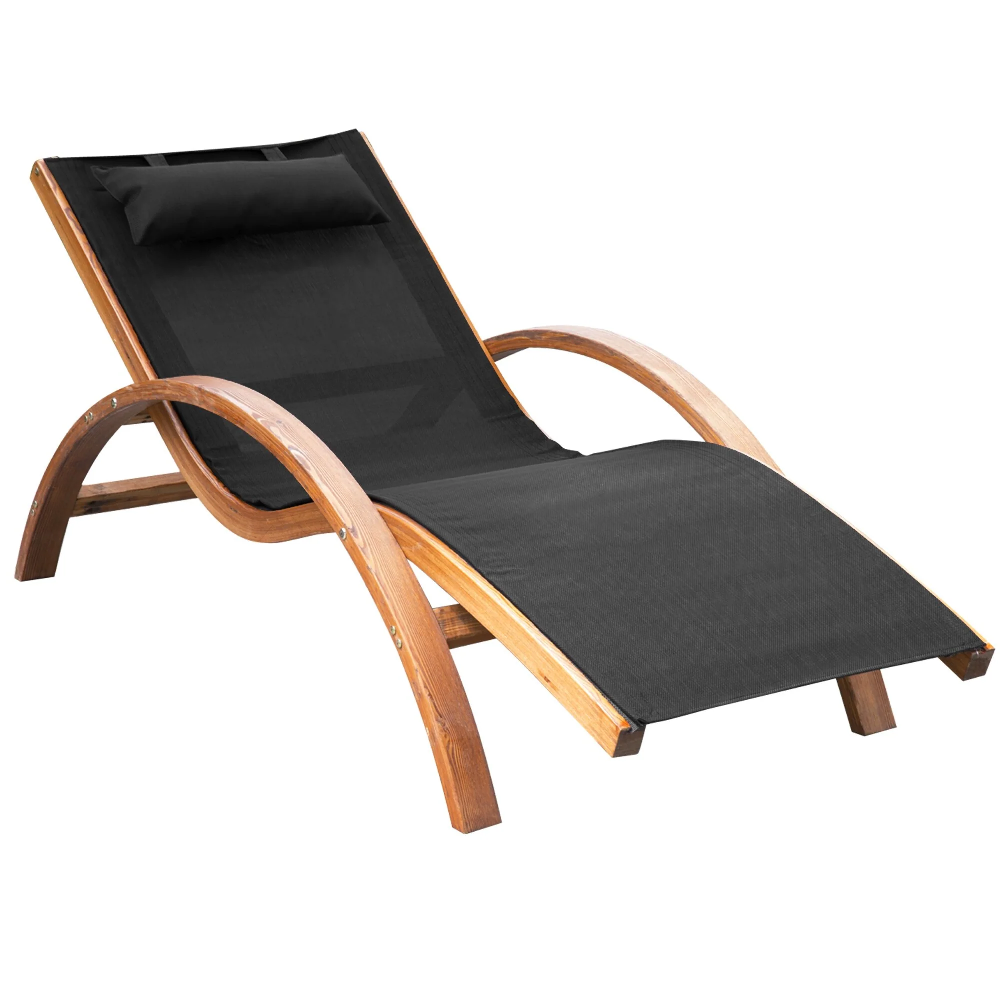 Outdoor Curved Chaise Wood Lounge Chair with Pillow & Armrests, Weather-Resistant Breathable Mesh Reclining Chair