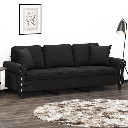 NNEVL 3-Seater Sofa with Throw Pillows Black 180 cm Velvet