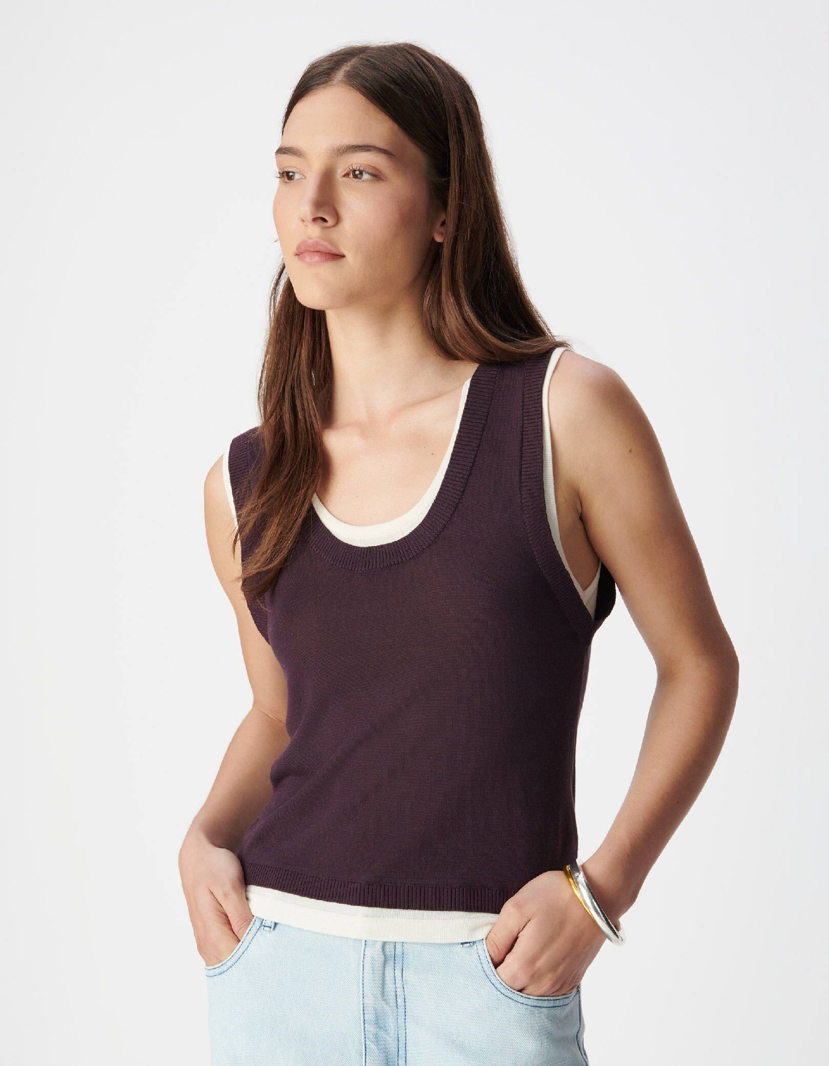 Pull sans manches bordeaux tricot trompe-l'oeil Femme