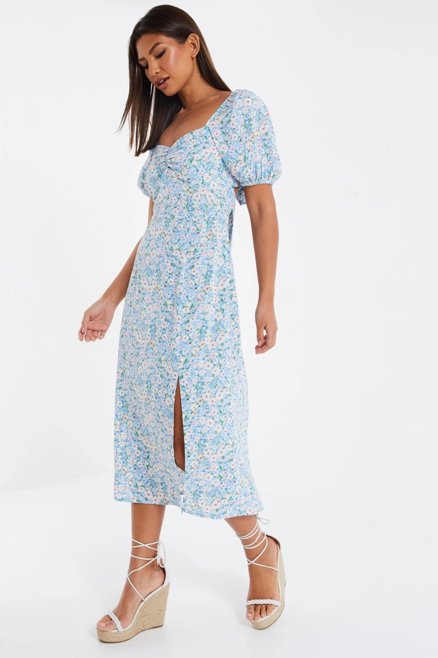 Quiz Blue Ditsy Floral Tie Back Midi Dress