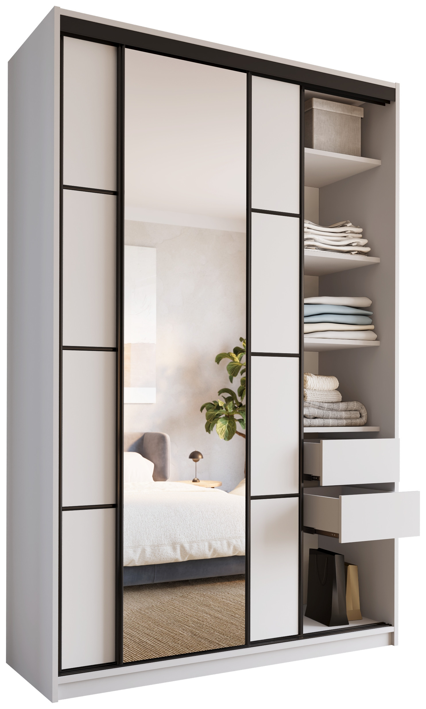 Szafa przesuwna z lustrem 150 cm LOFT MAX z szufladami drążki