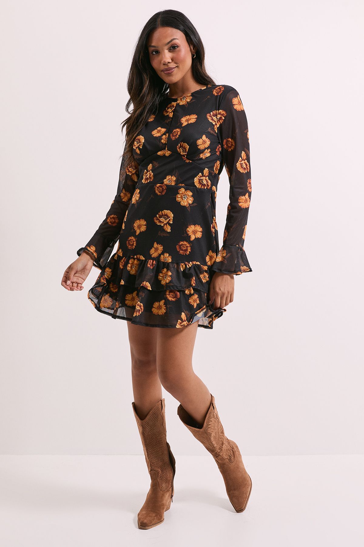 Dorothy Perkins Tiered Skirt Printed Mesh Mini Dress