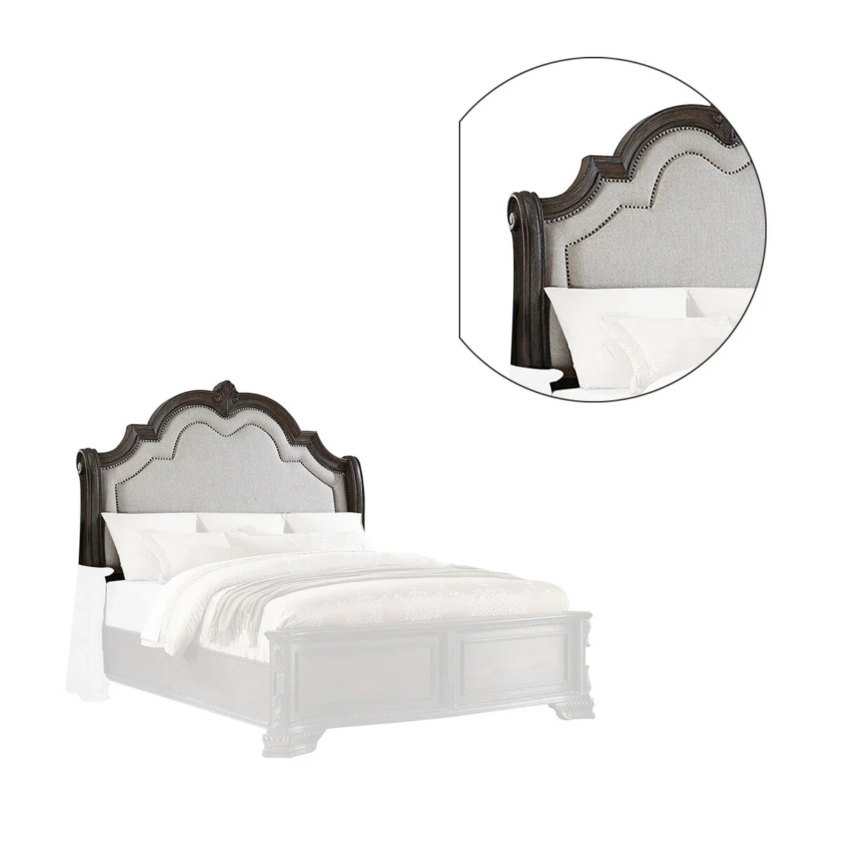 Queen Headboard with Scalloped Molded Top and Fabric Padding, Brown
