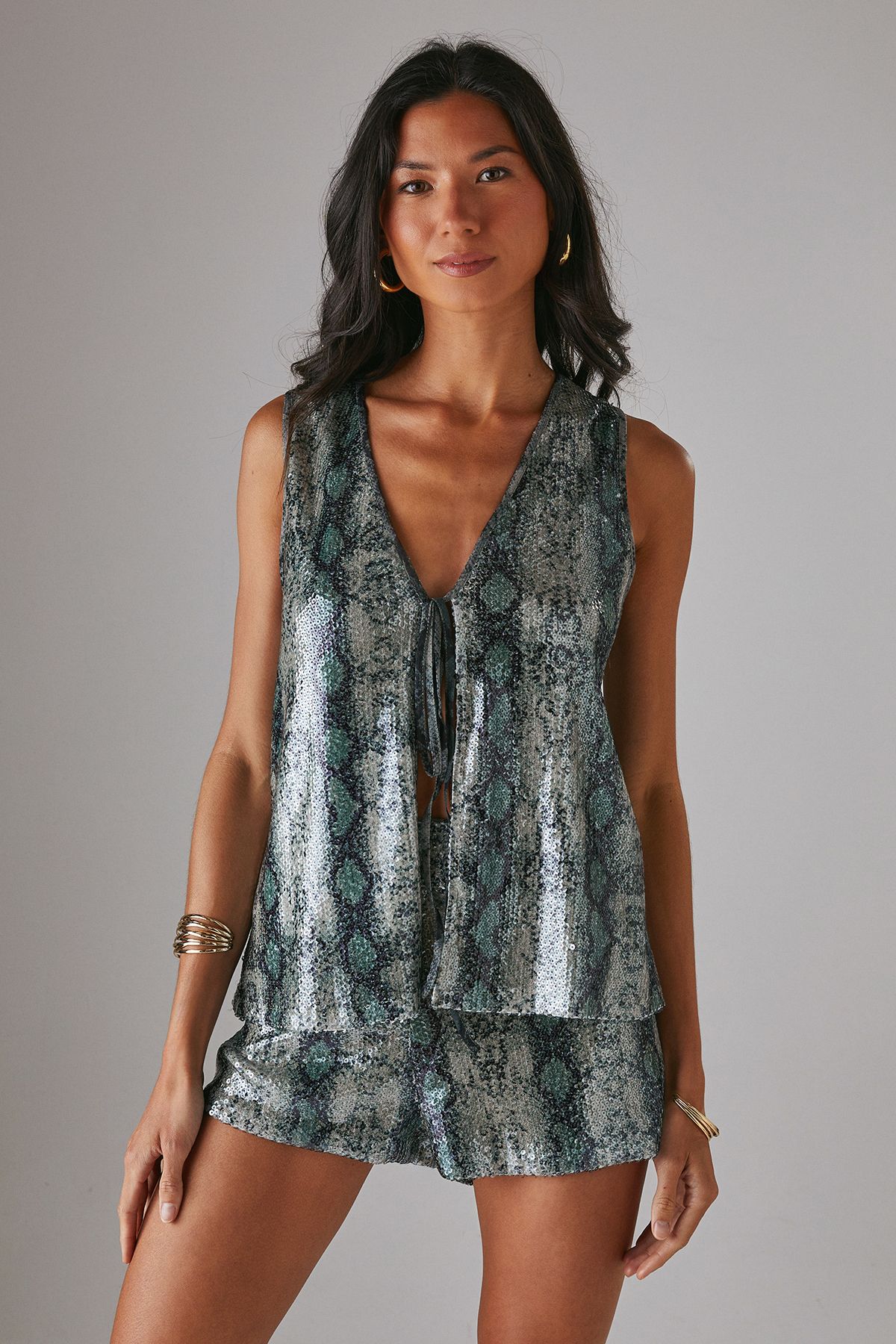Warehouse Snake Sequin Tie Front Long Line Waistcoat