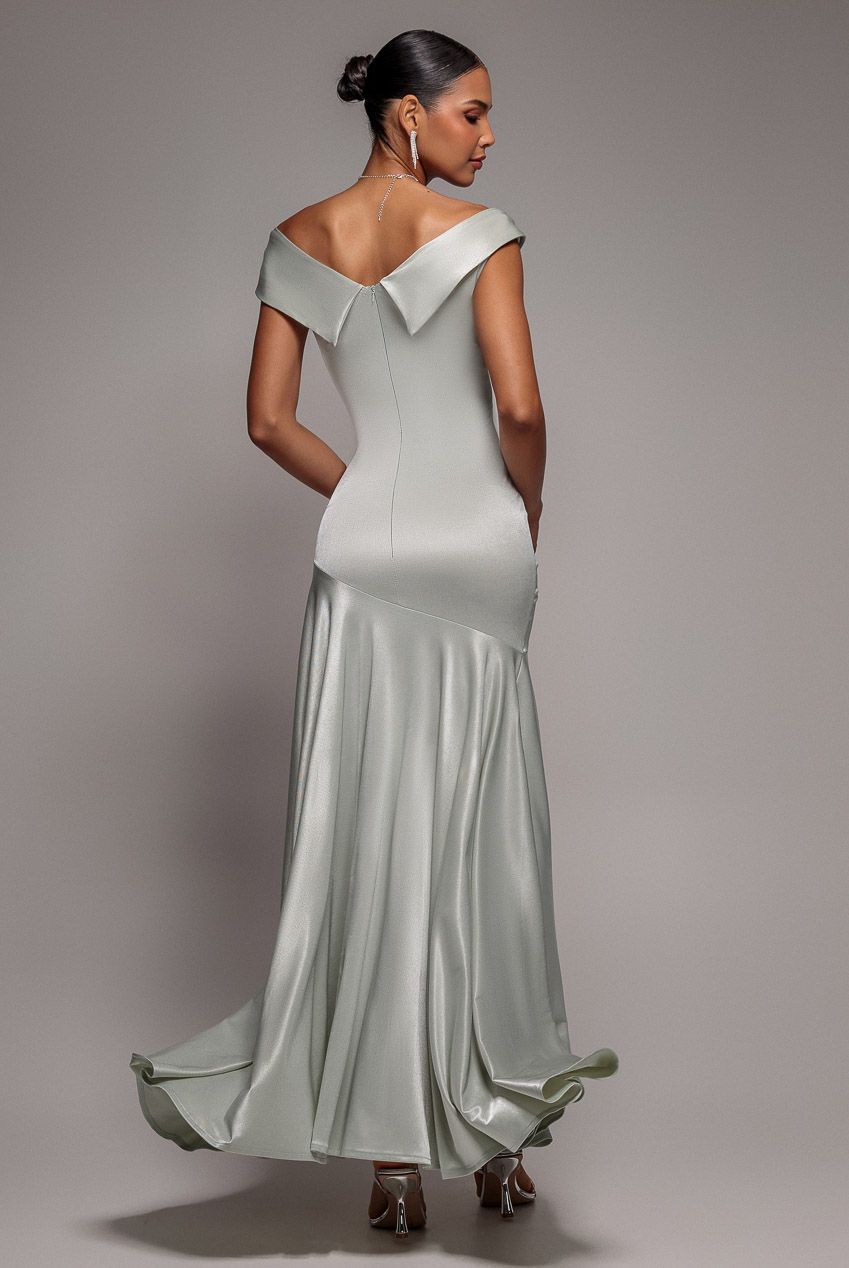 Goddiva Satin Off Shoulder Pleated Maxi Dress