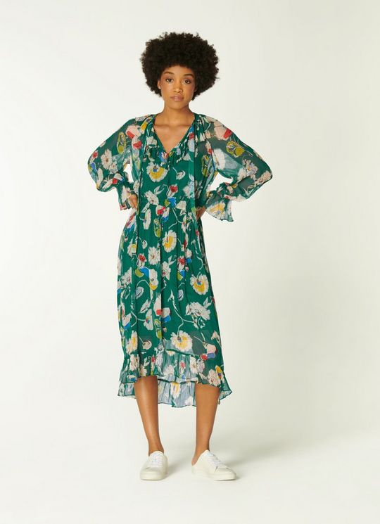Pascale Green Anemone Print Frill Collar Dress