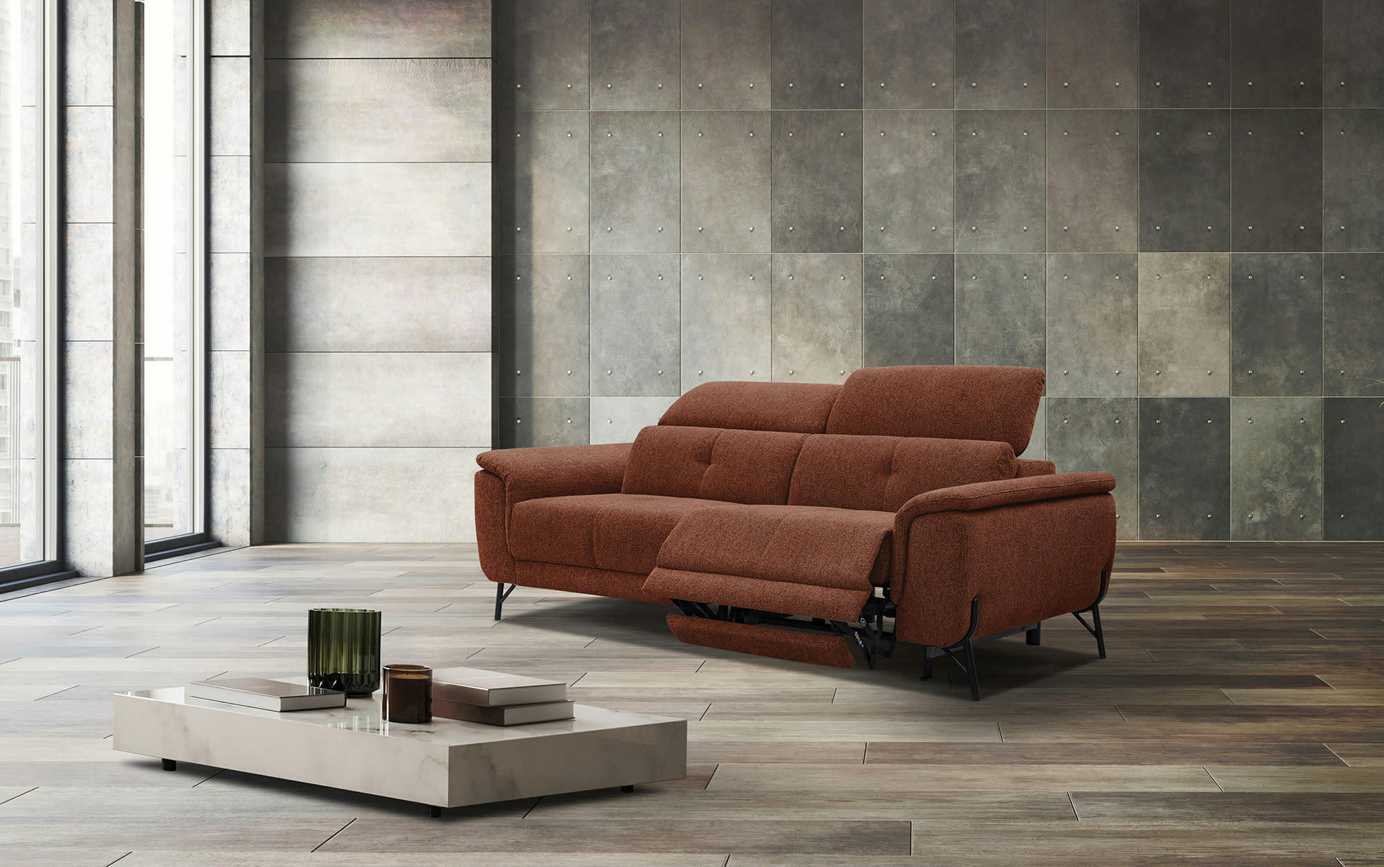 AVENA - Canapé 3 places avec une relax électrique à droite tissu gris rouille