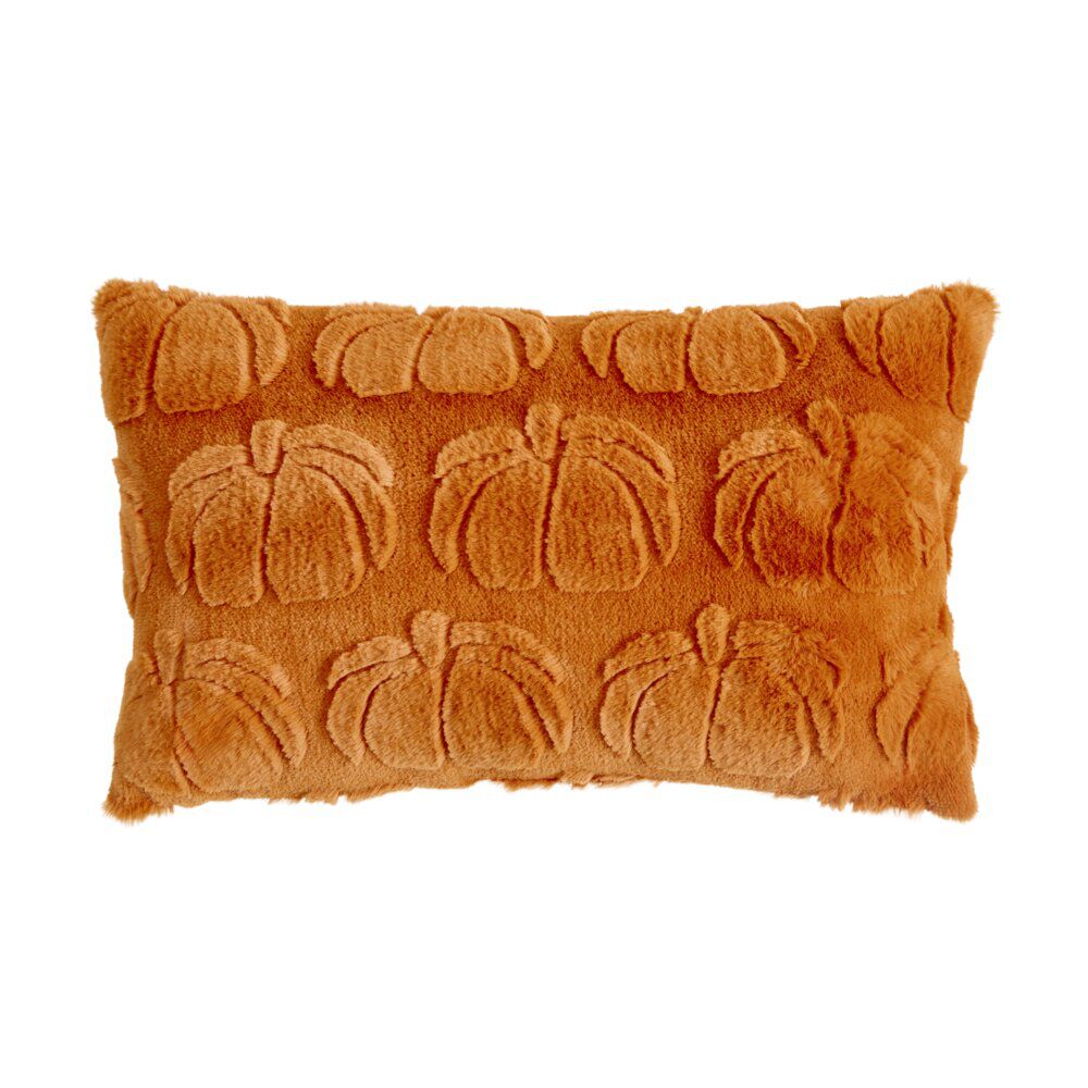 Coussin rectangulaire velours citrouilles en relief uni orange 30x50cm