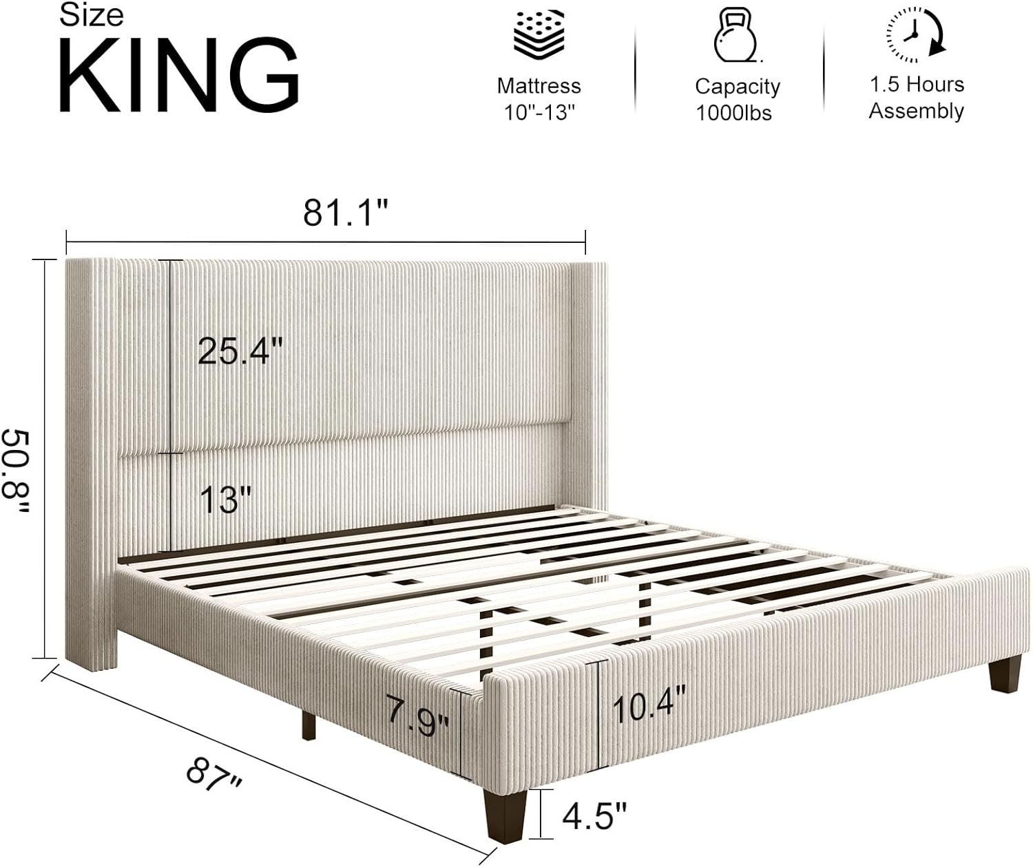 HOWE King Size Upholstered Platform Bed Frame, Wingback Bed with 50.8 Headboard, Corduroy/Solid Wood Leg/No Box Spring Needed/Noise Free/Cream