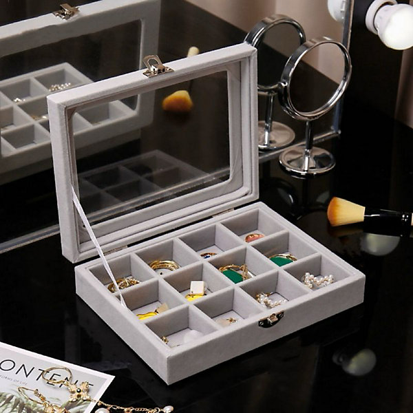 Organisateur de bijoux elégant avec couvercle en verre 12 Compartiments Herzberg HG05309