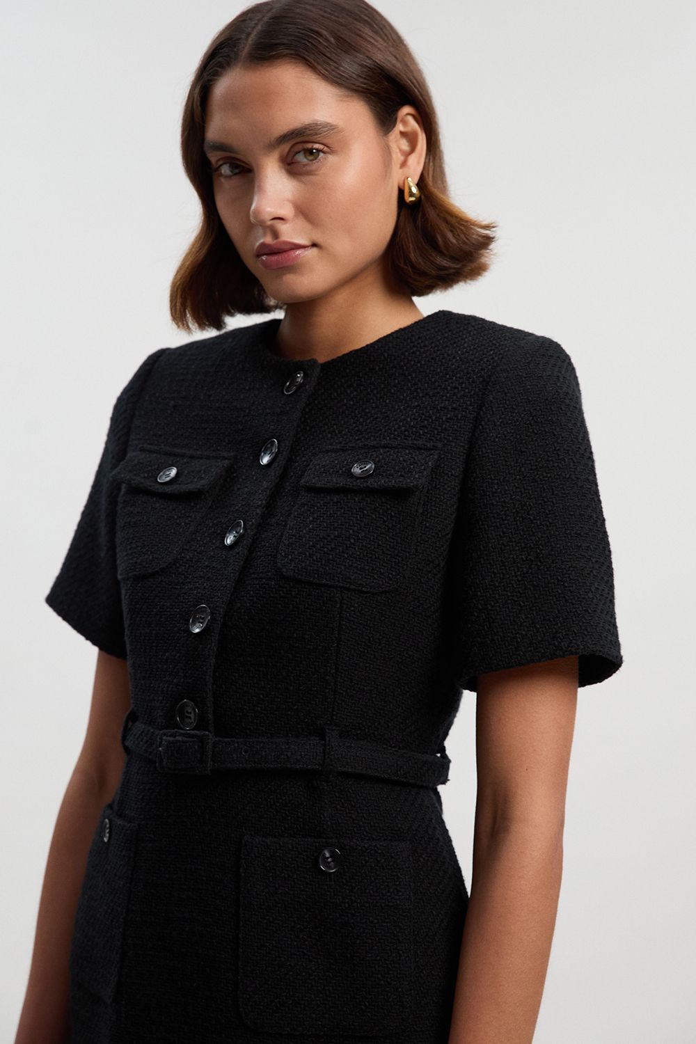KarenMillen Textured Tweed Belted Tailored Mini Dress