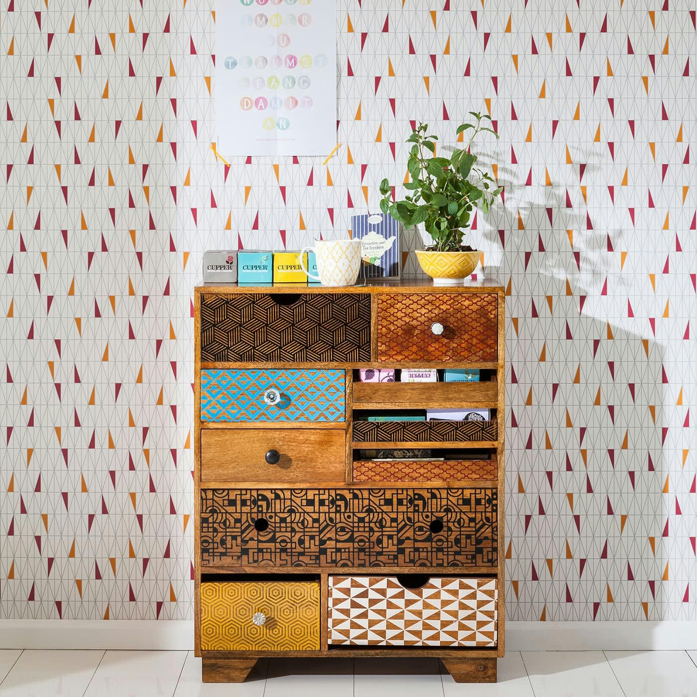 SOLEIL - Commode 10 tiroirs en manguier massif motifs multicolores