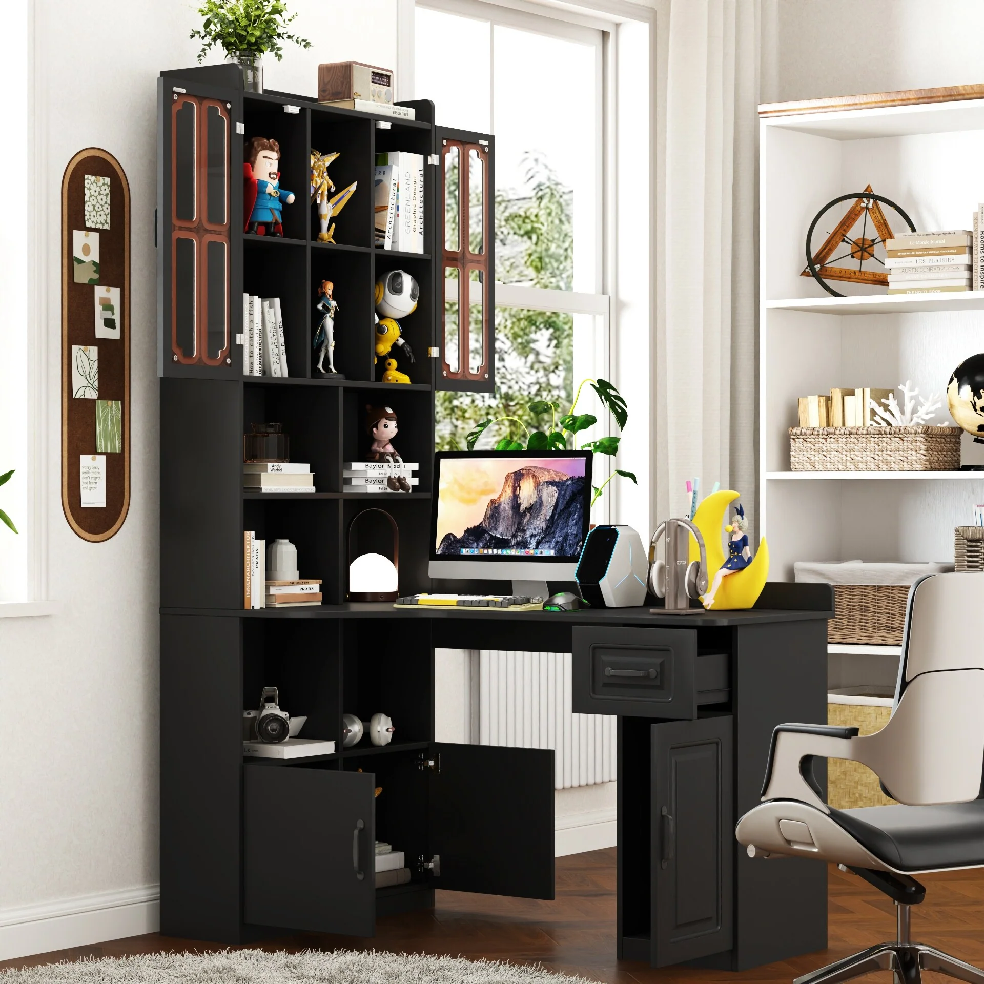 2-in-1 L-Shaped Bookshelf Computer Desk Hutch Desk, Bedroom Corner Study Table Home Office Desk with Drawers & Cabinet