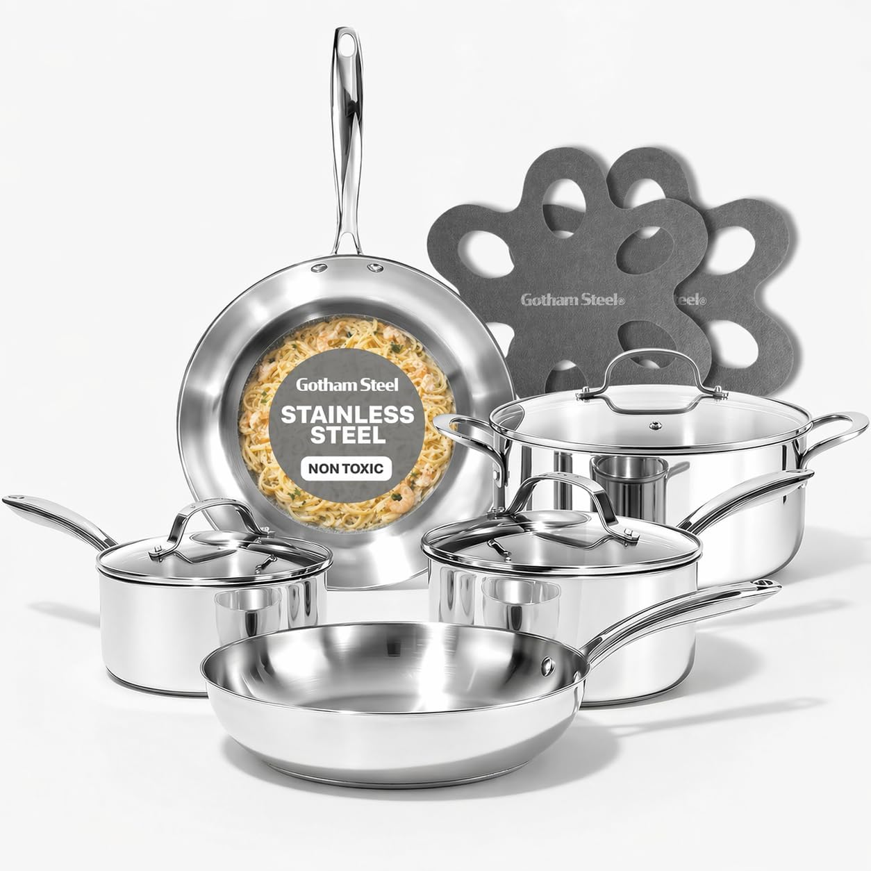 Gotham Steel 10 Pcs Tri Ply Stainless Steel Cookware Set, Pots and Pans Set with Induction Bottom, Made Without PTFE PFOA PFOS, Metal Utensil Safe, Oven and Dishwasher Safe