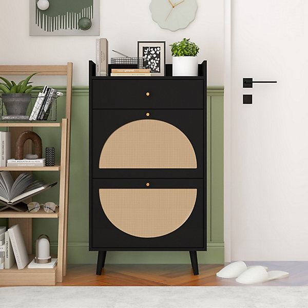 Meuble à Chaussures Rotin avec 2 Portes et 1 Tiroir, 2 étagère et Portes demi-Circulaires Interchangeables, Noir, 60x24x110 cm